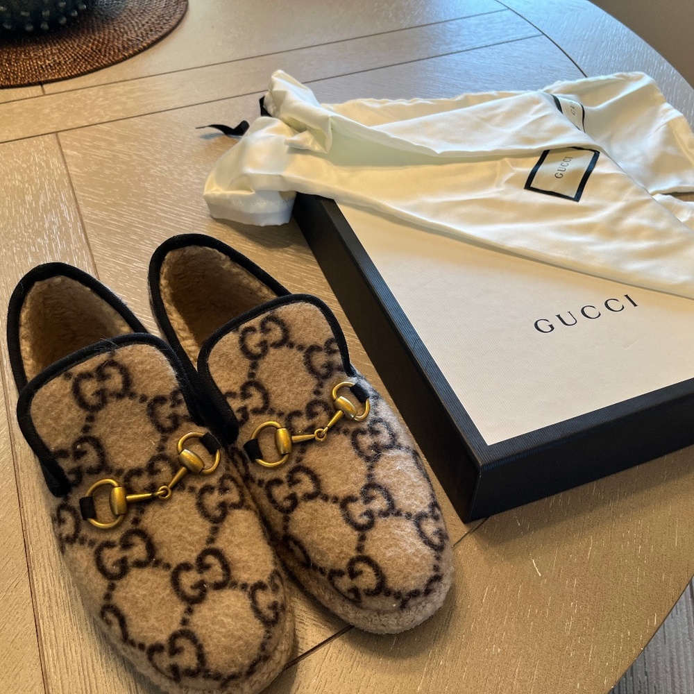 Gucci monogram wool flats/slippers with horsebit buckle